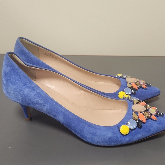 J. Crew COLLECTION Dulci Suede Kitten Heels Jeweled  Blue Italy Sz 5 - Picture 5 of 10